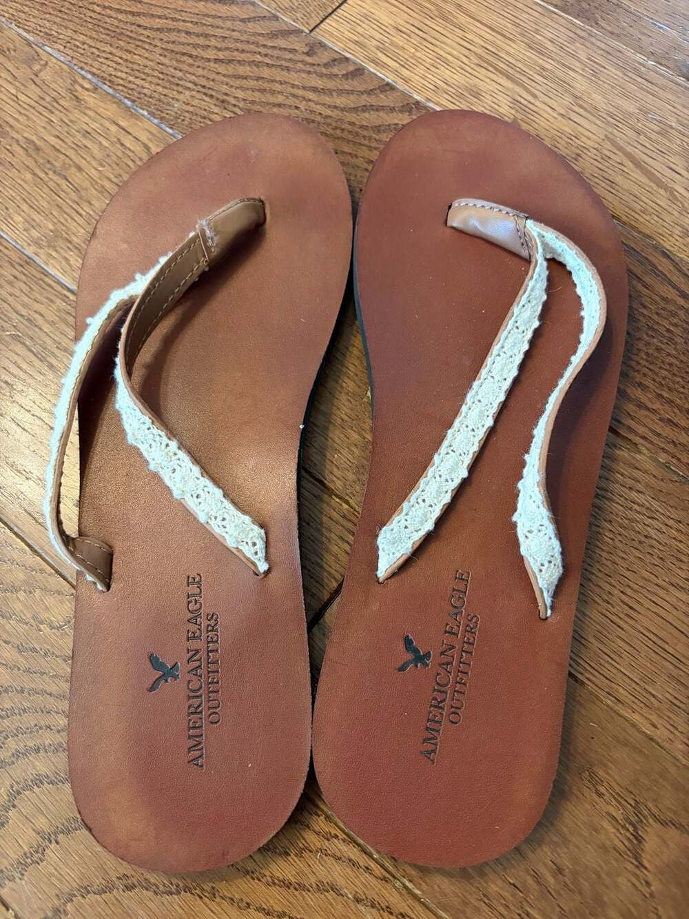American Eagle Outfitters Brown Leather Crochet Strap Thong Sandals Size 8